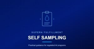 Line art of a clipboard holding a sample droplet, on a navy Supera Fulfillment card titled Self Sampling.