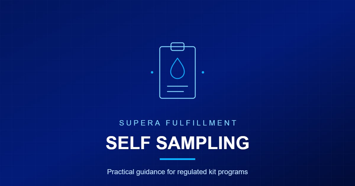 Line art of a clipboard holding a sample droplet, on a navy Supera Fulfillment card titled Self Sampling.