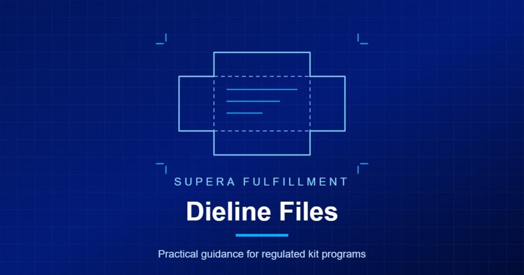 Line drawing of a flat folding carton dieline with dashed fold lines and crop marks on a dark blue background.