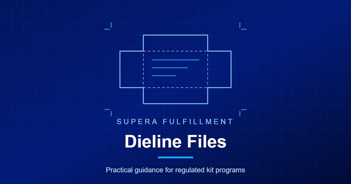 Line drawing of a flat folding carton dieline with dashed fold lines and crop marks on a dark blue background.