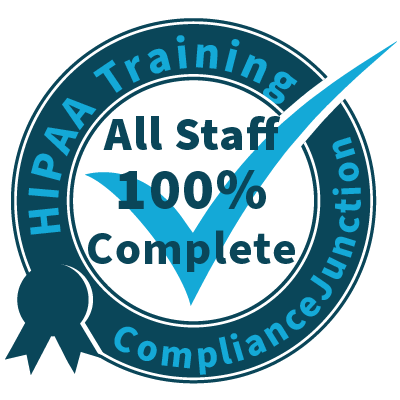 HIPAA Training badge from ComplianceJunction, All Staff 100% Complete