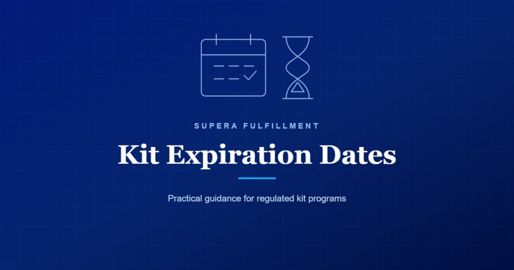Kit Expiration Dates: calendar and hourglass line art on a navy background