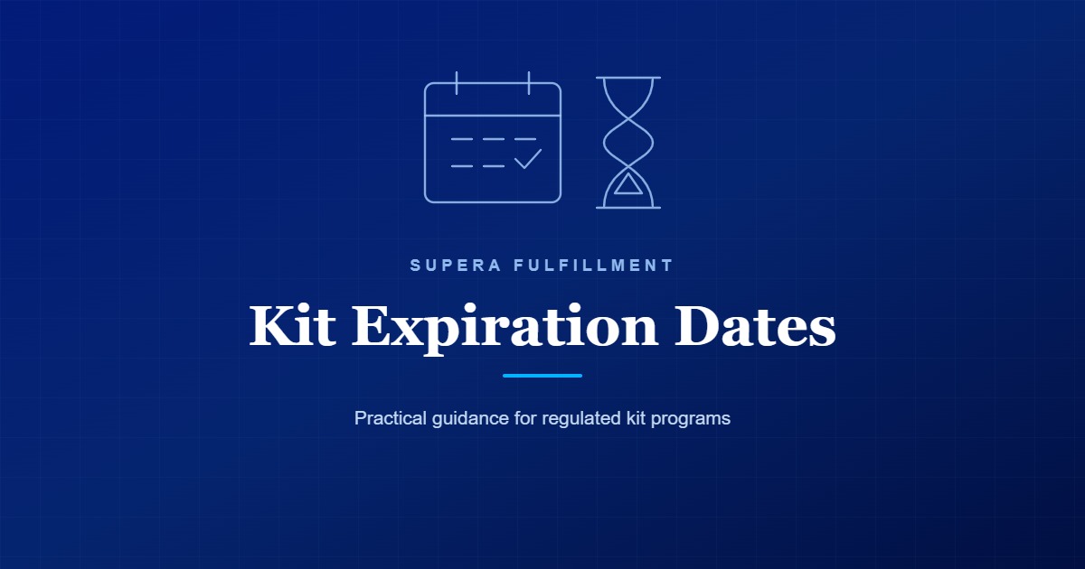 Kit Expiration Dates: calendar and hourglass line art on a navy background