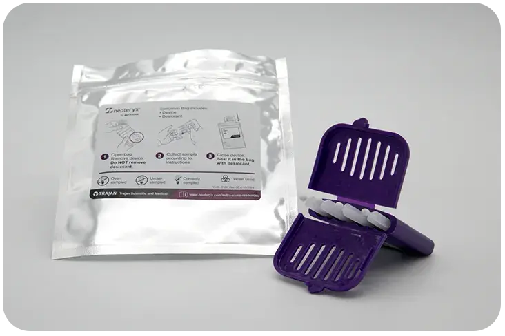 Trajan Mitra VAMS cartridges beside the foil barrier pouch and desiccant they ship in