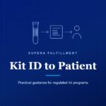 Line drawing of a specimen tube, a labeled kit card and a person, linked by arrows, above the title Kit ID to Patient