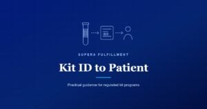 Line drawing of a specimen tube, a labeled kit card and a person, linked by arrows, above the title Kit ID to Patient