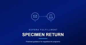 Line art of an envelope and a laboratory flask joined by a dashed arrow, on a navy Supera Fulfillment card titled Specimen Return.