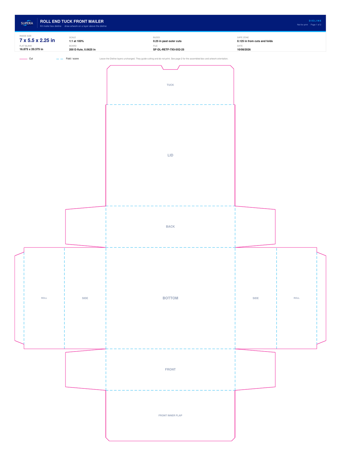 Flat dieline layout for a 7 x 5.5 x 2.25 inch roll end tuck front mailer box, showing cut lines, fold lines and panel names