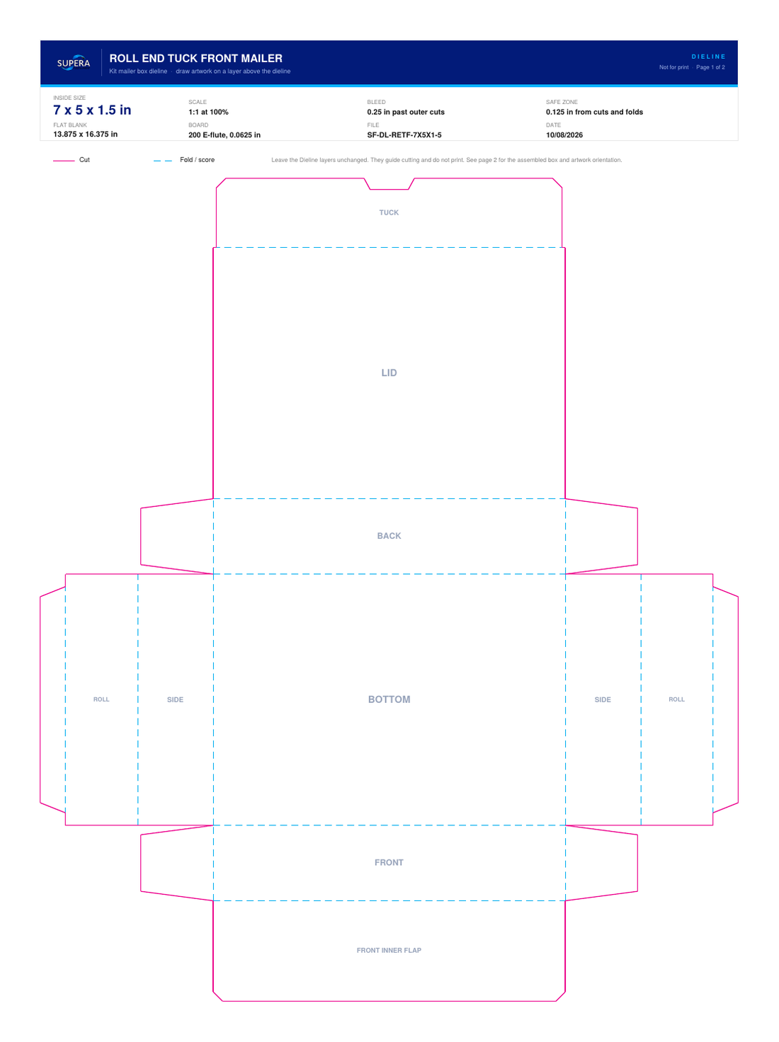Flat dieline layout for a 7 x 5 x 1.5 inch roll end tuck front mailer box, showing cut lines, fold lines and panel names