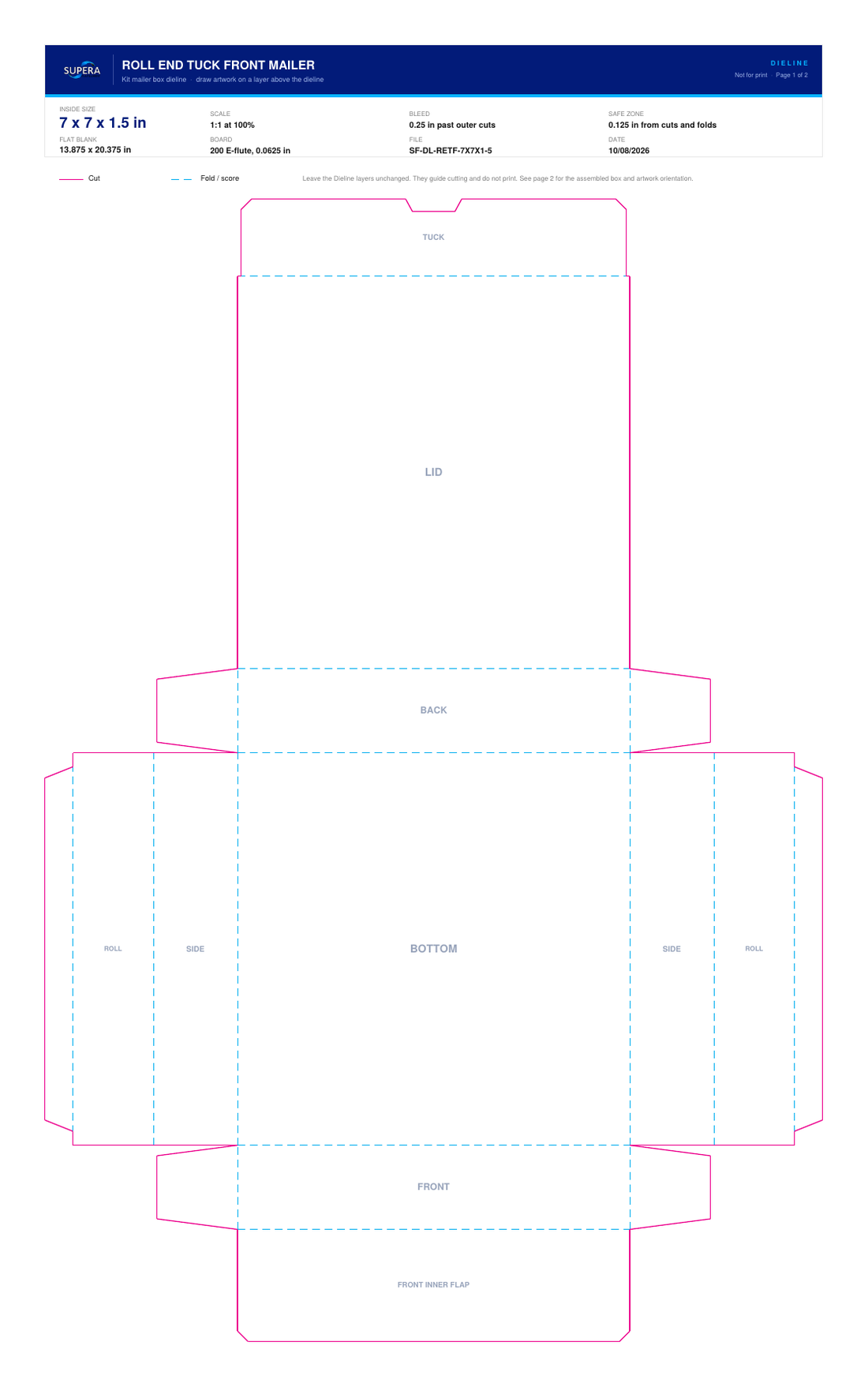 Flat dieline layout for a 7 x 7 x 1.5 inch roll end tuck front mailer box, showing cut lines, fold lines and panel names