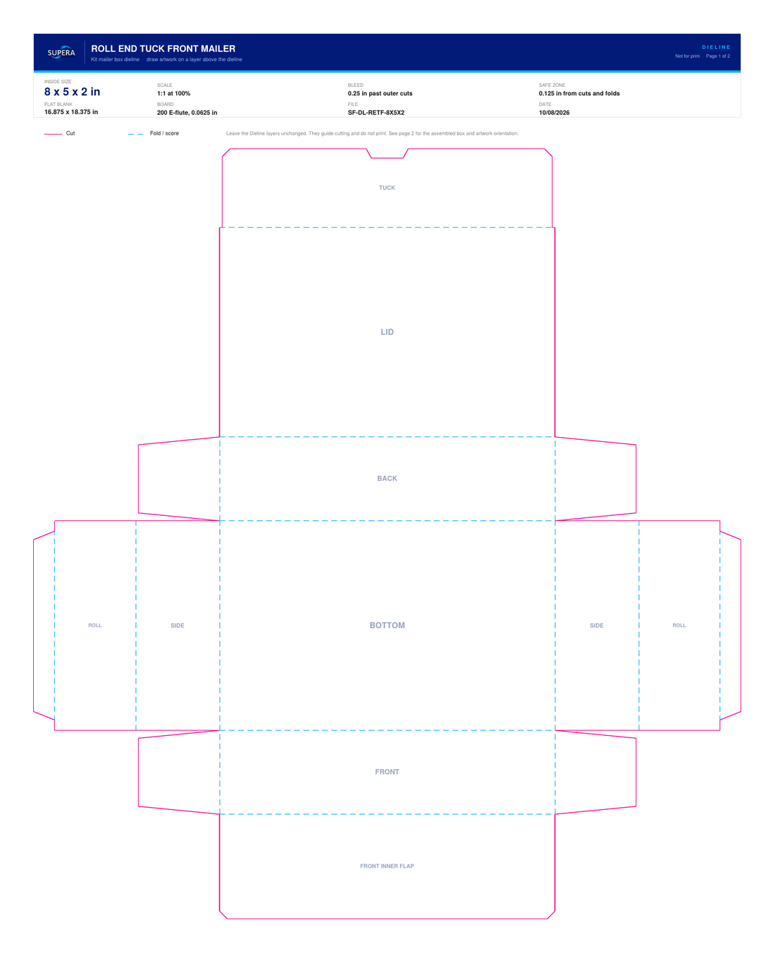 Flat dieline layout for a 8 x 5 x 2 inch roll end tuck front mailer box, showing cut lines, fold lines and panel names
