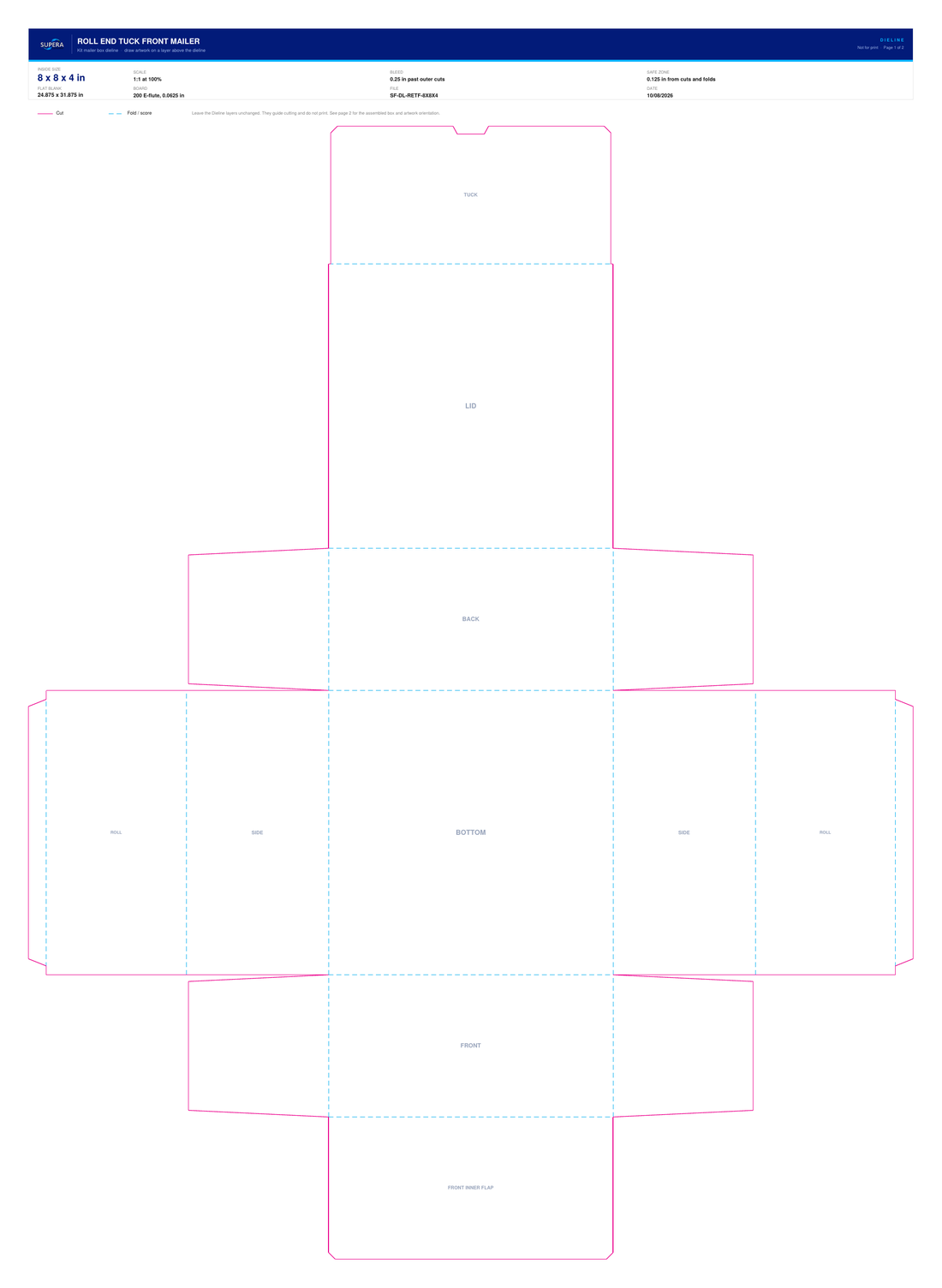 Flat dieline layout for a 8 x 8 x 4 inch roll end tuck front mailer box, showing cut lines, fold lines and panel names