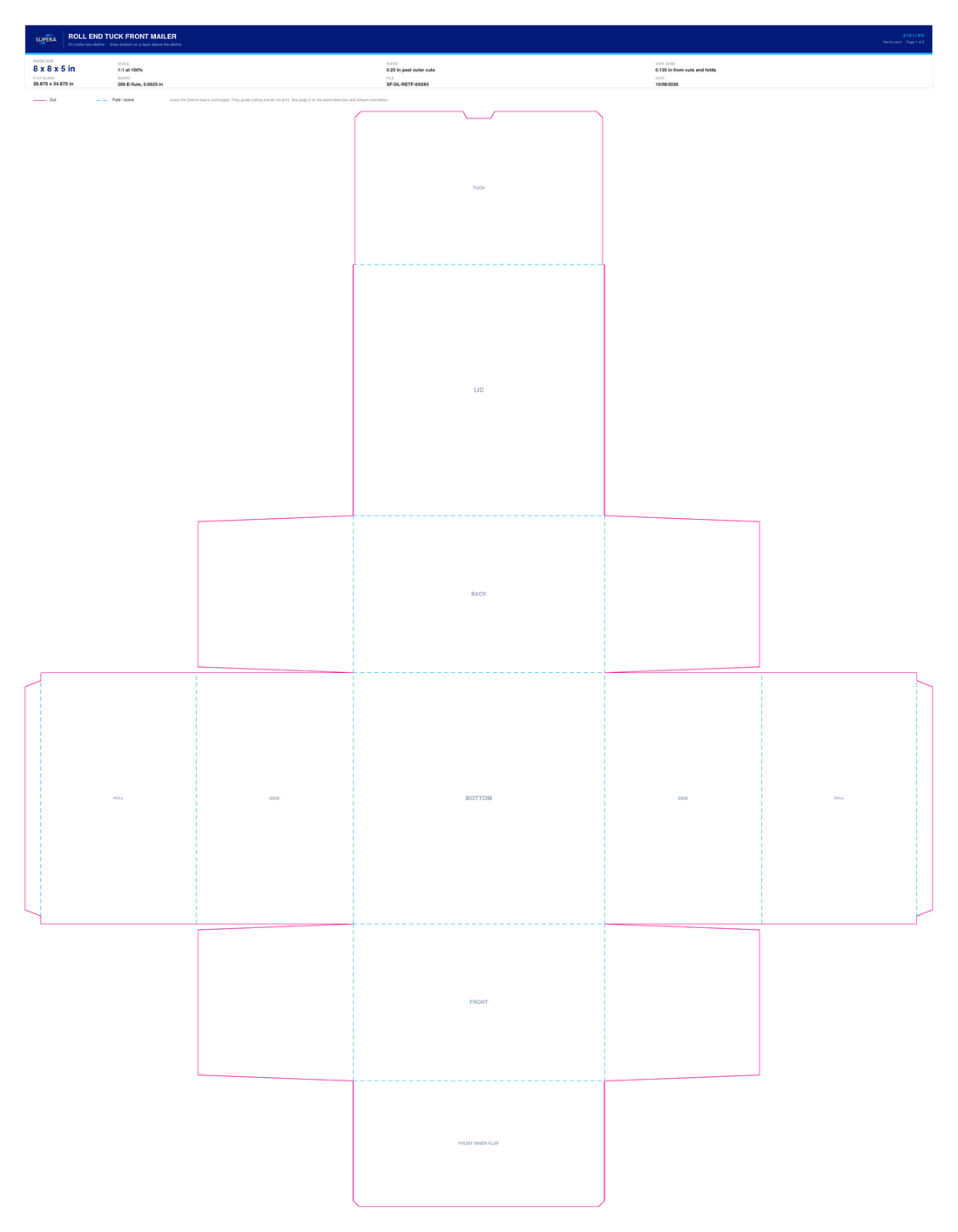 Flat dieline layout for a 8 x 8 x 5 inch roll end tuck front mailer box, showing cut lines, fold lines and panel names