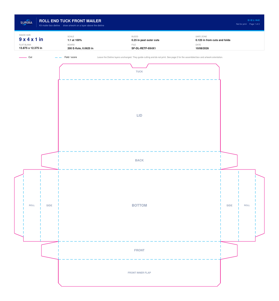 Flat dieline layout for a 9 x 4 x 1 inch roll end tuck front mailer box, showing cut lines, fold lines and panel names