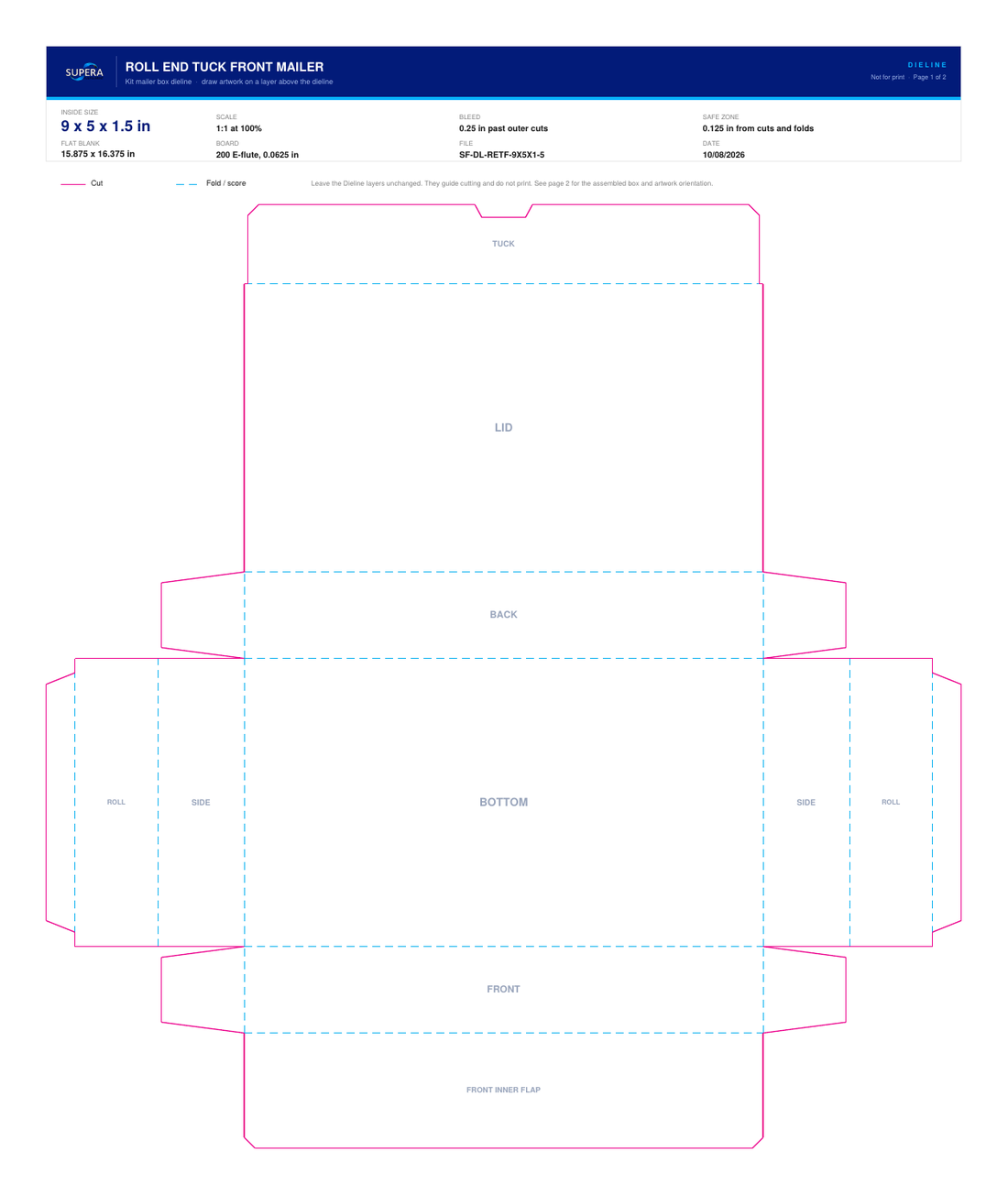 Flat dieline layout for a 9 x 5 x 1.5 inch roll end tuck front mailer box, showing cut lines, fold lines and panel names